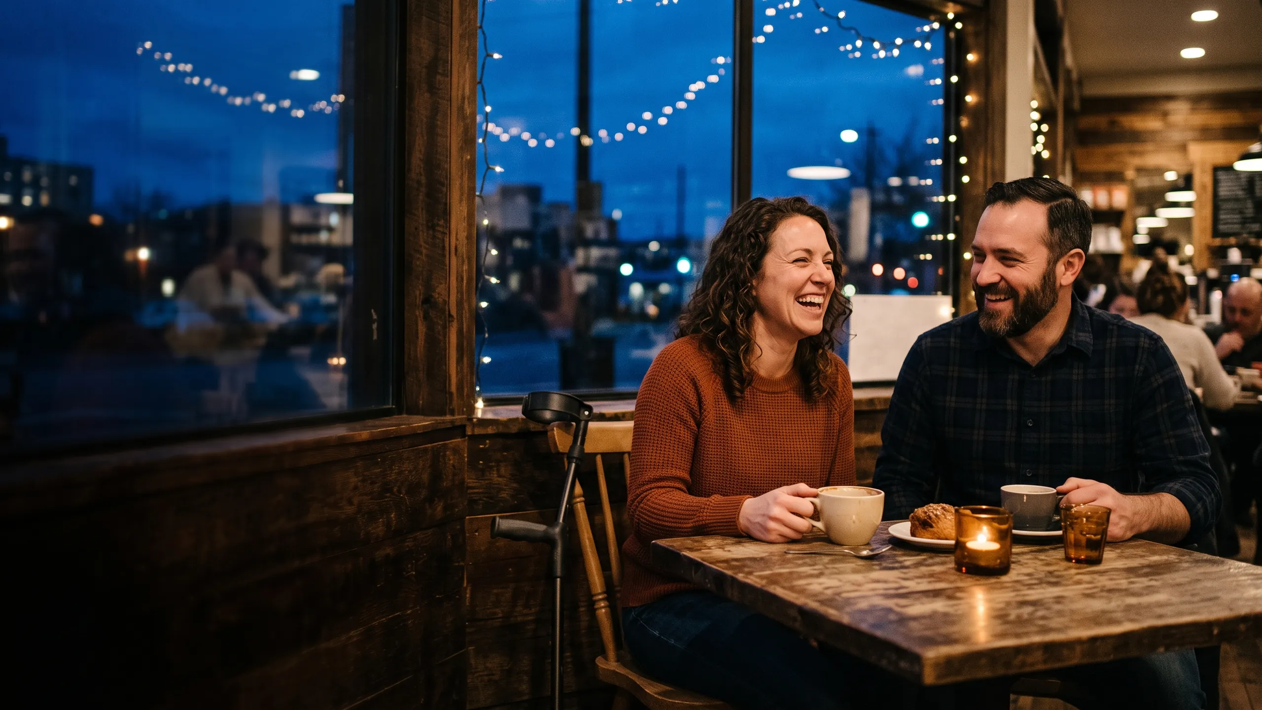 A couple laughing over coffee at a warm caf&eacute; window table, a crutch resting beside the seat