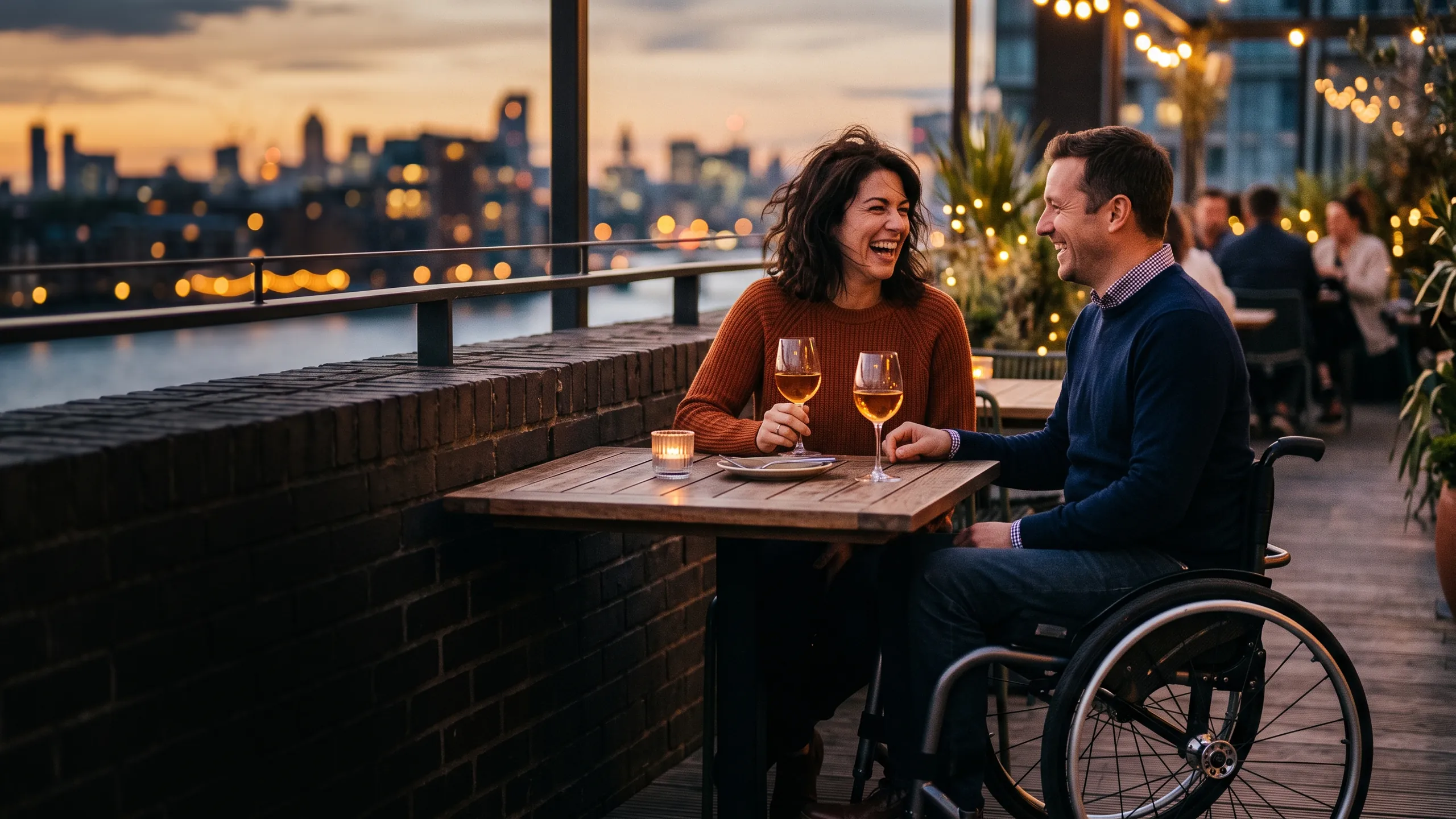 A couple laughing over wine on a rooftop terrace at dusk; one partner is a wheelchair user